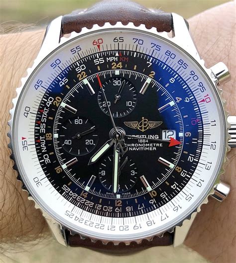 Breitling Navitimer World GMT 46MM Black Dial Leather Strap .